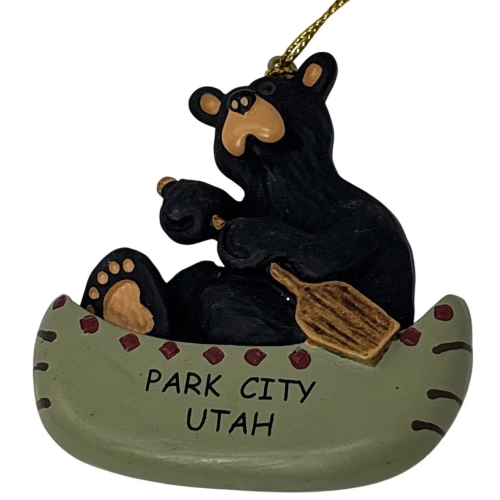 Park City Utah Black Bear in‎ Canoe Souvenir Christmas Ornament Resin MF Logo